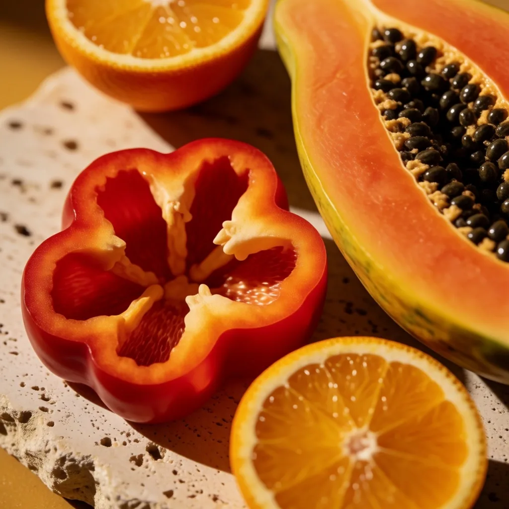 Bell peppers, papaya, and citrus on travertine stone