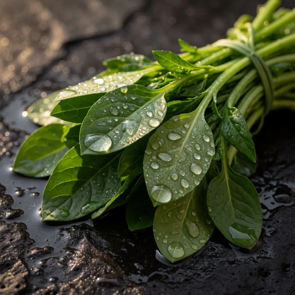 Fresh leafy greens and spinach with water droplets on dark stone